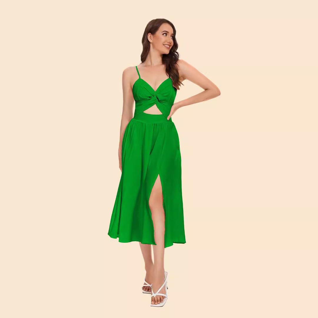 Damen Zweiteiler Ensemble mit elegantem knotenfreier Bluse und fließendem Rock mit Schlitz EB