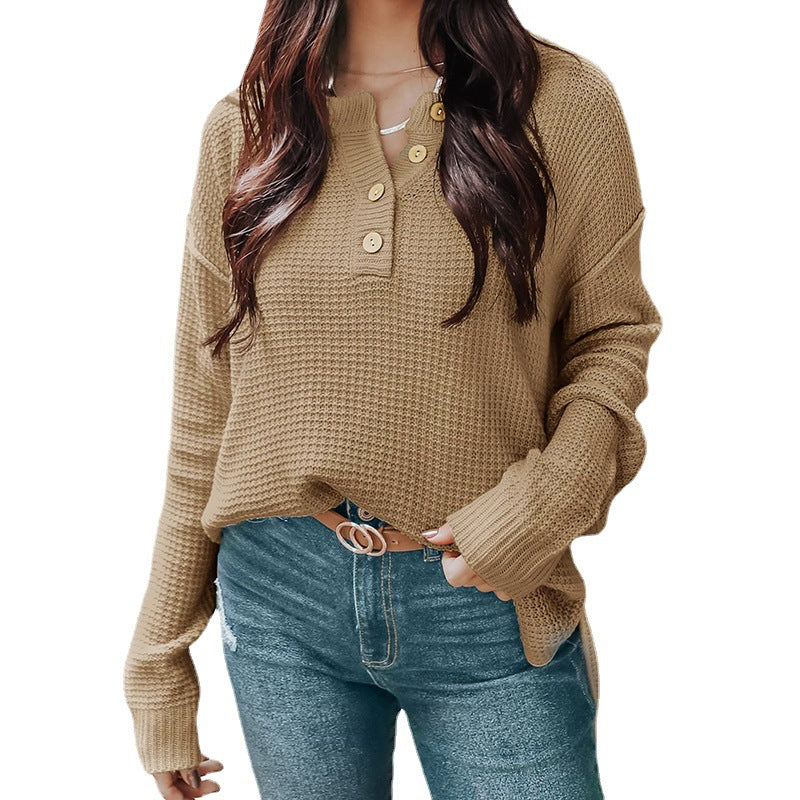 Damen lässiger Oversized Pullover mit Knopfleiste und strukturiertem Material EB