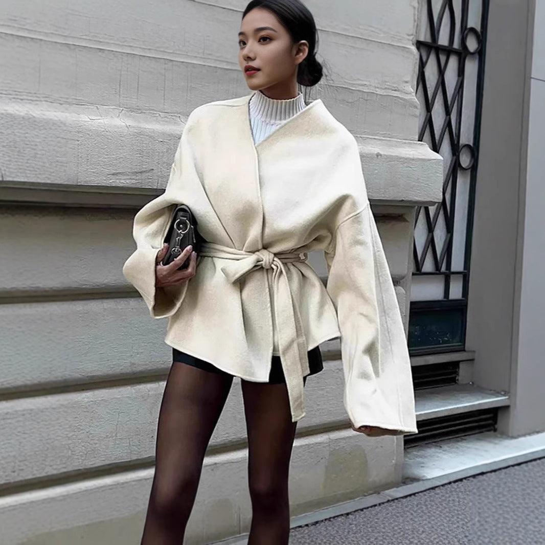 Damen modische Wickeljacke mit Gürtel und weiten Ärmeln EB