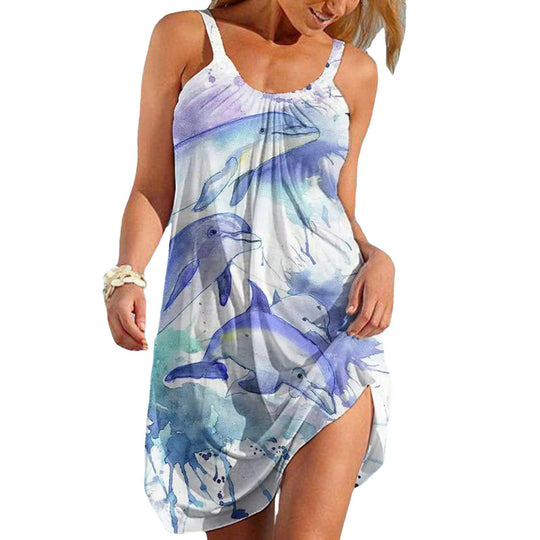 Damen luftiges Strandkleid mit floralem Wasserfarben-Design EB
