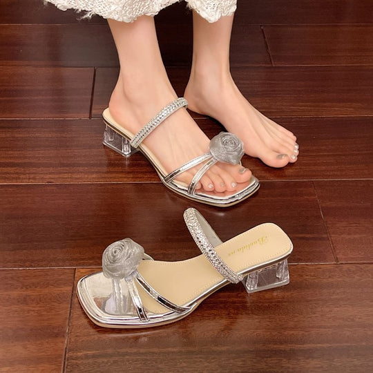 Damen elegante Sandalen mit transparentem Blockabsatz und floralem Schmuck EB