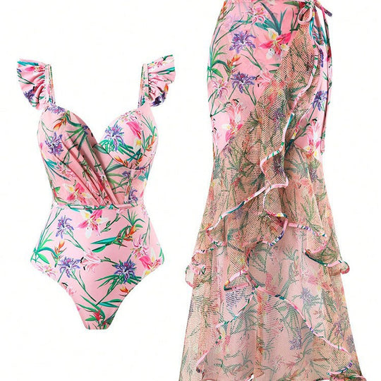 Damen Einteiler Badeanzug mit Rüschendetails und floralem Wickelrock EB