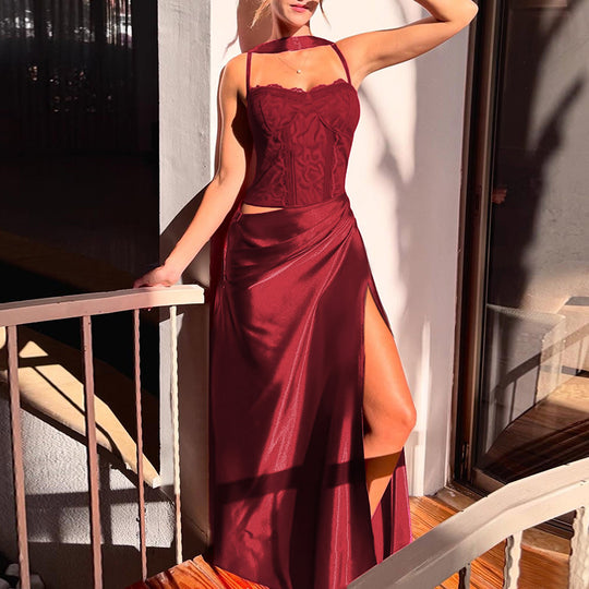 Damen elegantes Maxikleid mit Spitzenoberteil und fließendem Rock EB