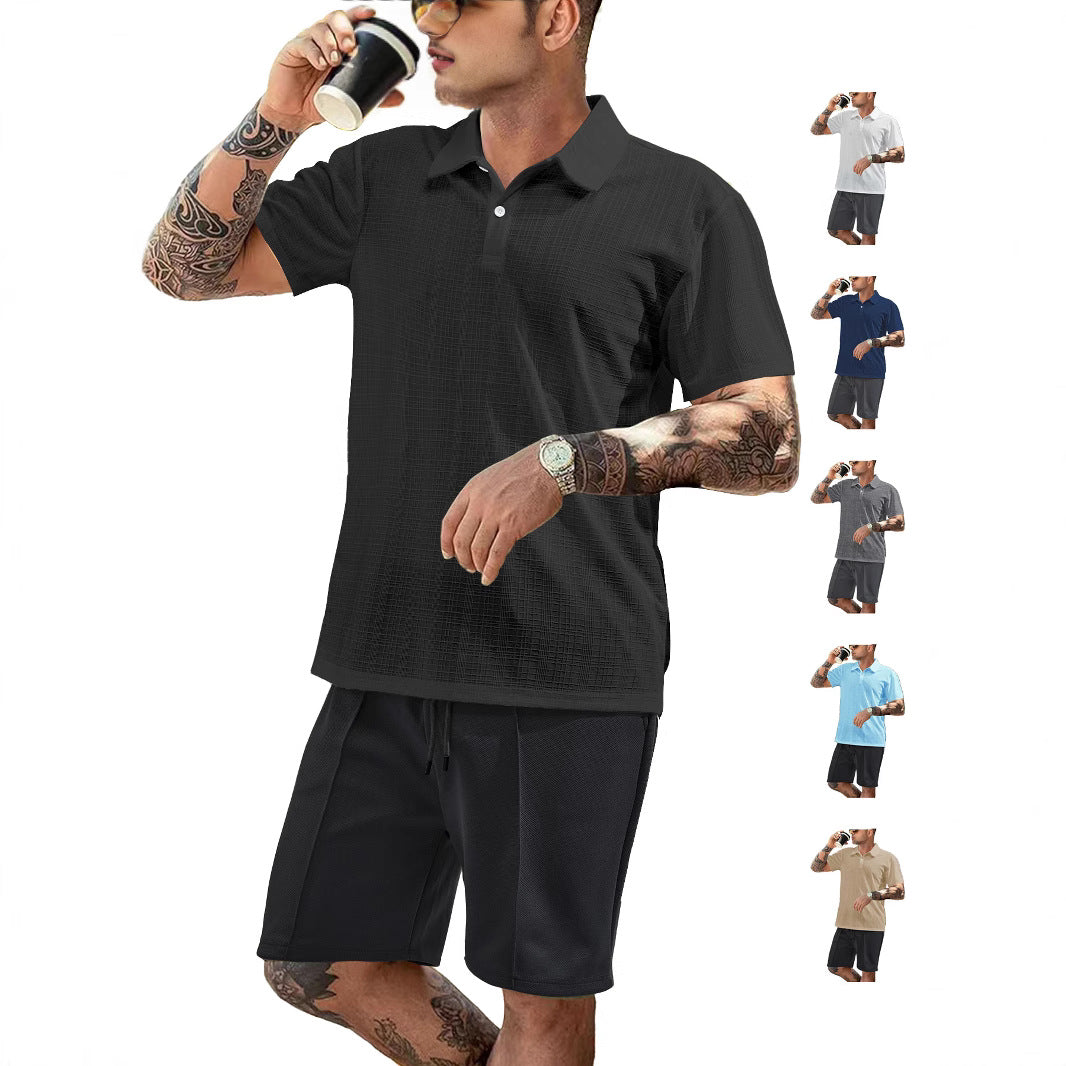 Herren nan zweiteiliges Sommer-Reise-Set mit texturiertem Kurzarm-Poloshirt und funktionalen Mesh-Shorts EB