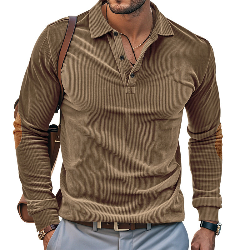 Herren lässiges Langarm-Henley-Shirt mit strukturiertem Rippenstoff und kontrastierenden Ellbogenpatches EB