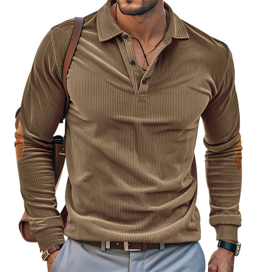 Herren lässiges Langarm-Henley-Shirt mit strukturiertem Rippenstoff und kontrastierenden Ellbogenpatches EB