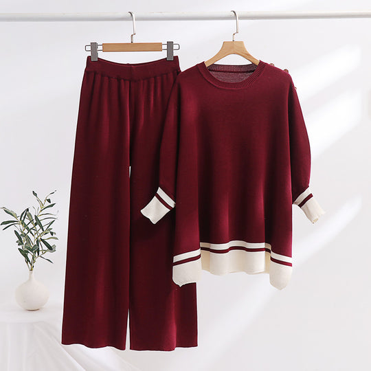 Damen lässiges Strick-Loungewear-Set mit modischem Kontrastsaum und weitem Schnitt EB