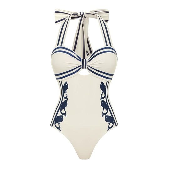 Damen Einteiler Badeanzug mit raffiniertem Cut-Out und dekorativen Schleifen EB