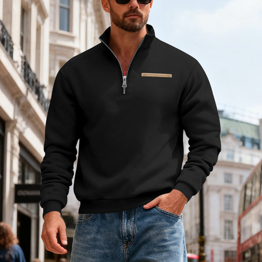 Herren nan Sweatshirt mit halbem Reißverschluss, Stehkragen und Brust-Welttasche EB