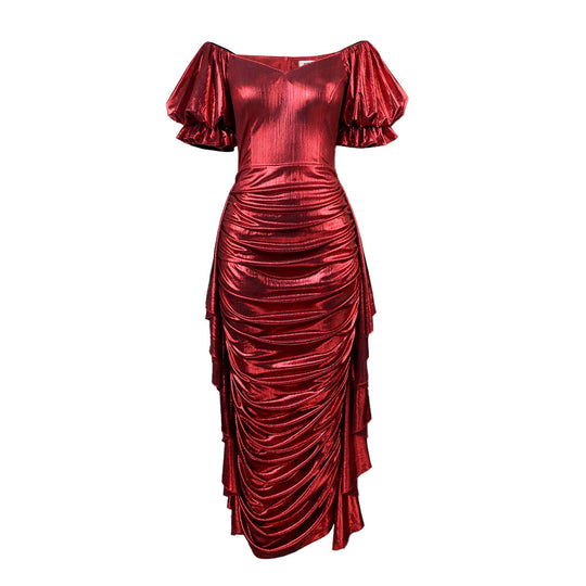 Damen Glamouröses Wickelkleid mit voluminösen Puffärmeln und seitlicher Drapierung EB
