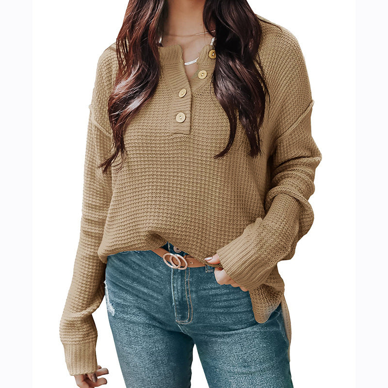 Damen lässiger Oversized Pullover mit Knopfleiste und strukturiertem Material EB