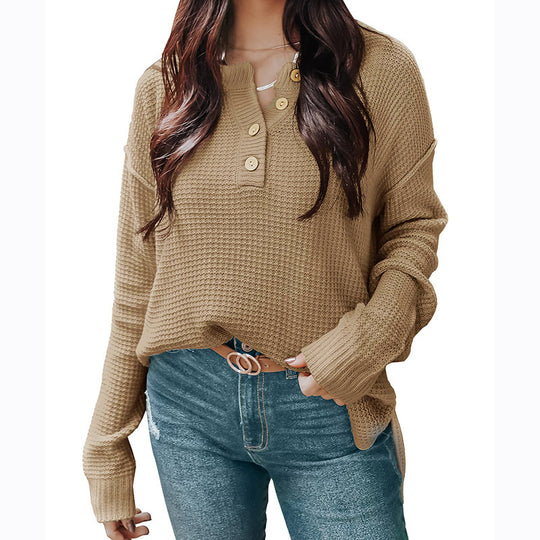 Damen lässiger Oversized Pullover mit Knopfleiste und strukturiertem Material EB