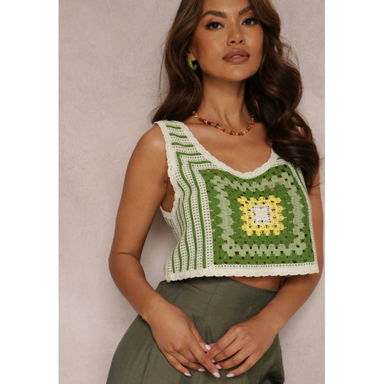 Damen Cropped Top mit kreativem Häkelmuster und V-Ausschnitt EB