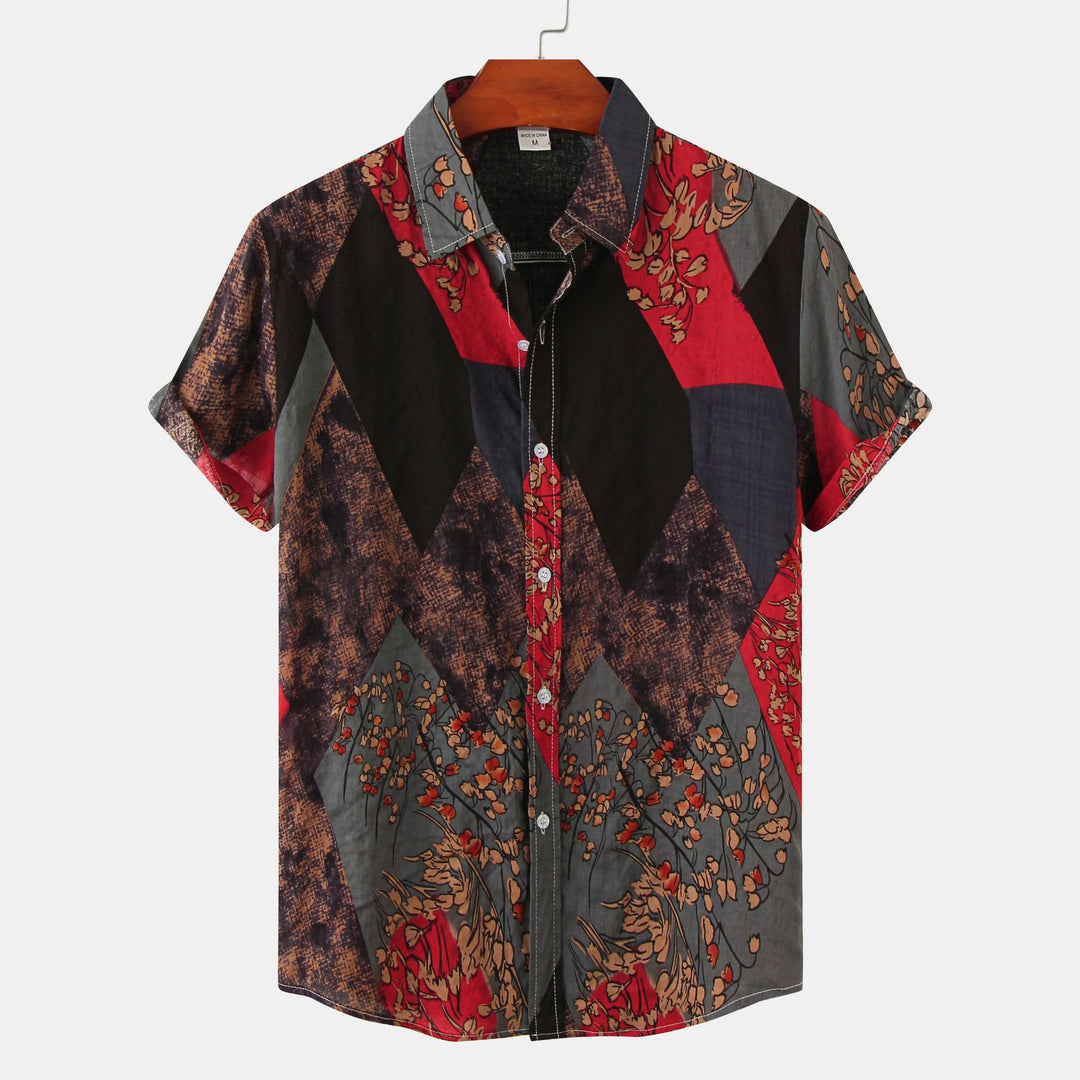 Herren Kurzarmhemd im kreativen Patchwork-Stil mit botanischen Akzenten EB