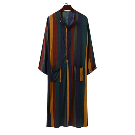Damen nan lockeres Maxi-Leinenkleid mit durchgehender Knopfleiste Rundhalsausschnitt und aufgesetzten Taschen EB
