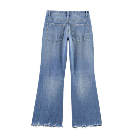 Damen Flared Jeans mit Destroyed-Effekten und Fransenabschlüssen EB