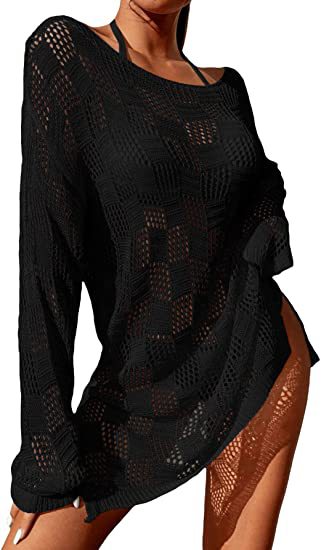 Damen gehäkeltes Crop-Top mit weitem Ärmel und lockerer Passform EB