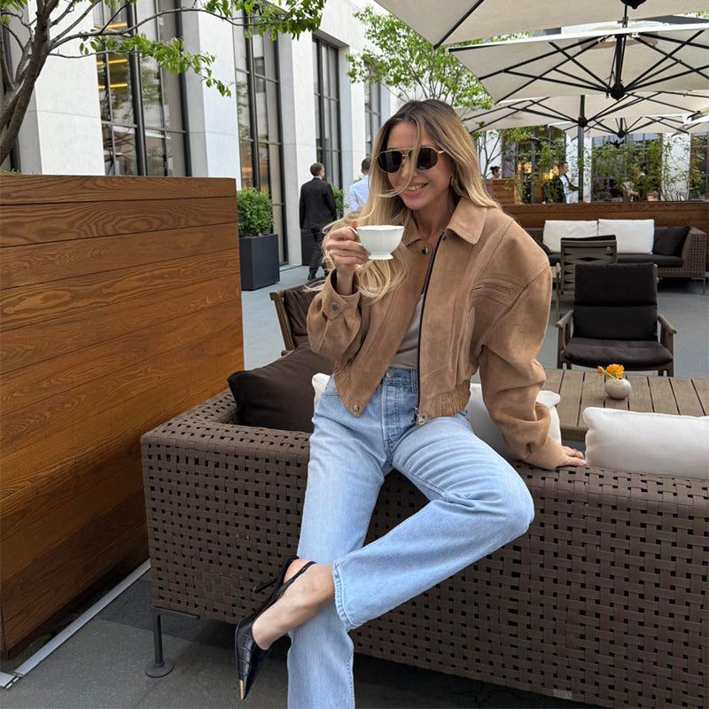 Damen Modische Wildlederjacke im Oversized-Stil EB