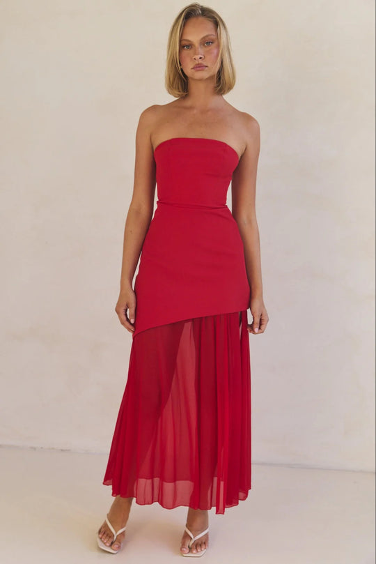 Damen Elegantes Bandeau-Maxi-Kleid mit fließendem Chiffon-Rock und figurbetontem Oberteil EB