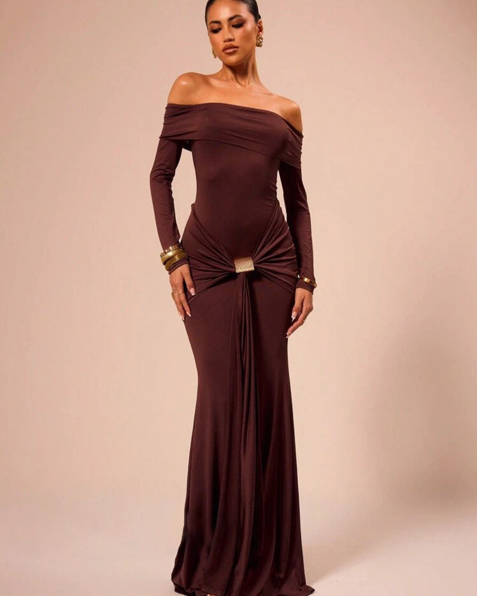 Damen Elegantes Off-Shoulder Maxikleid mit Raffungen EB