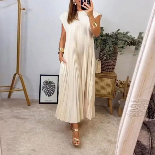 Damen Plissee Maxikleid mit praktischem Taschen und elegantem Schnitt EB