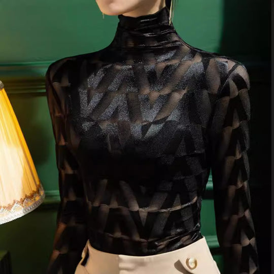 Damen Elegantes Rollkragenoberteil mit geometrischem Muster und transparenten Akzenten EB