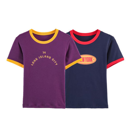 Damen modisches T-Shirt mit kontrastierenden Ärmeln und aufgedrucktem Schriftzug EB