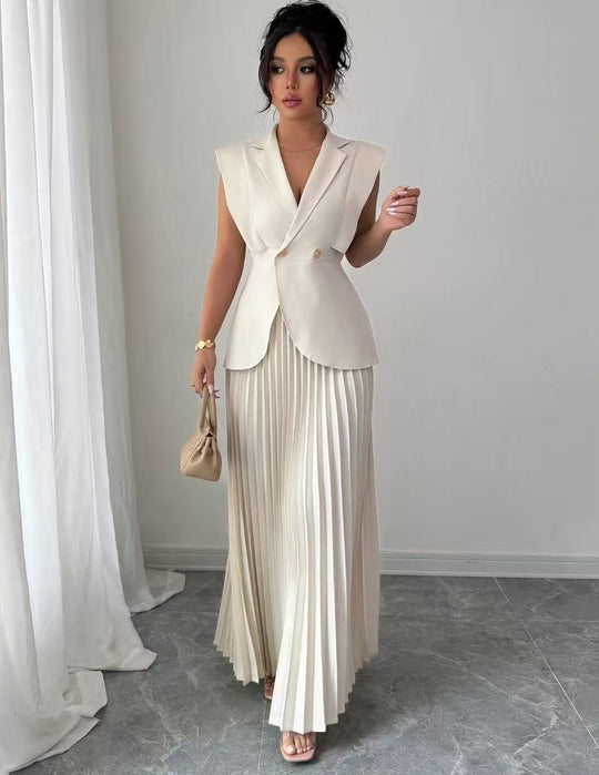 Damen Ärmelloses tailliertes Blazer-Set mit plissiertem Maxirock EB