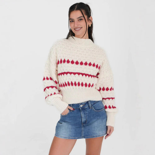 Damen Strickpullover mit modernem Zopfmuster und voluminösen Ärmeln EB