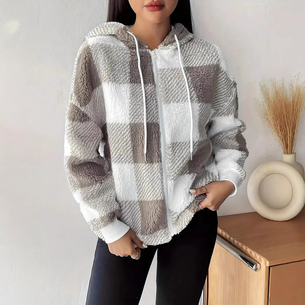 Damen Kuschelige Kapuzenjacke im Karodesign EB