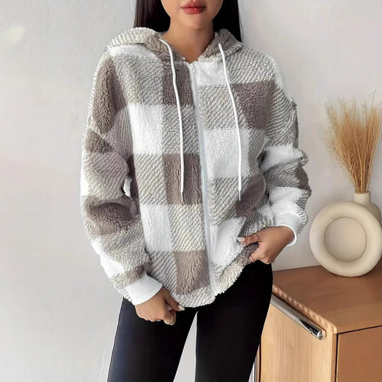 Damen Kuschelige Kapuzenjacke im Karodesign EB