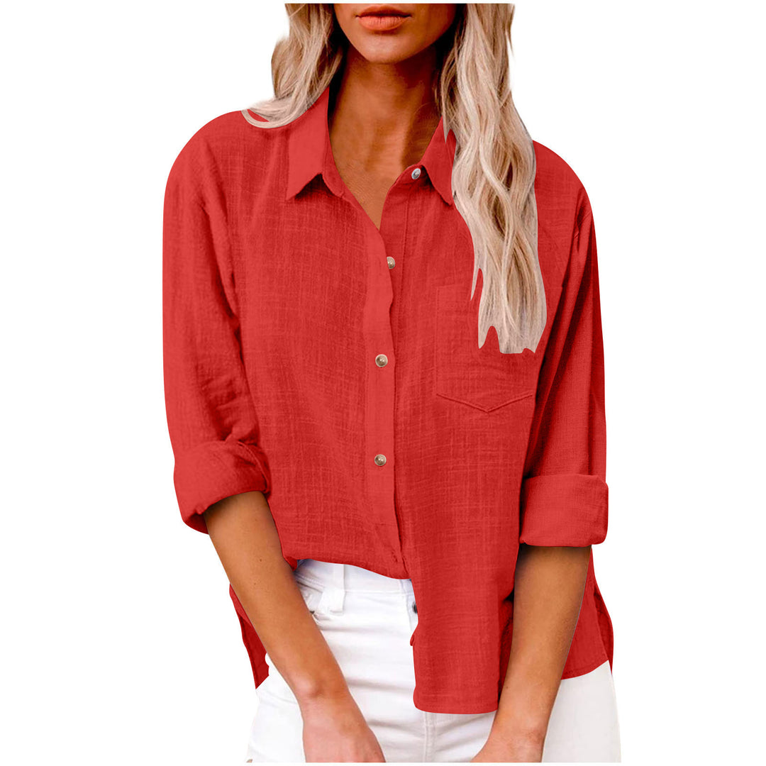 Damen nan oversized Leinen-Baumwollmix Hemdbluse mit Brusttasche und krempelbaren Ärmeln EB