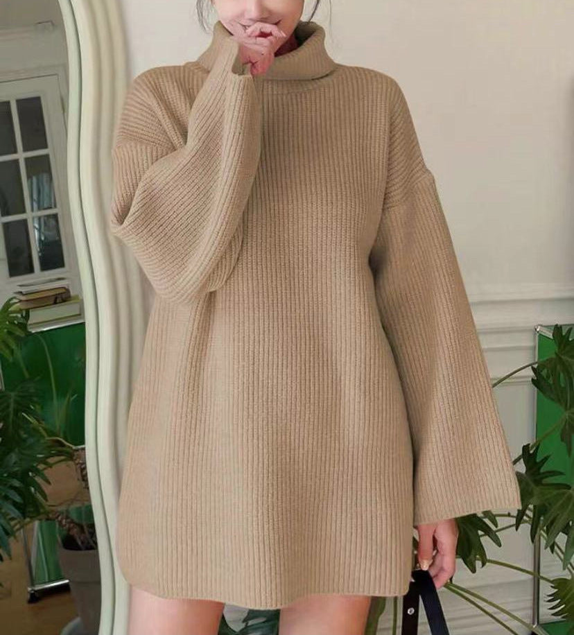 Damen Langer Strickpullover mit hohem Kragen und weit ausgestellten Ärmeln EB