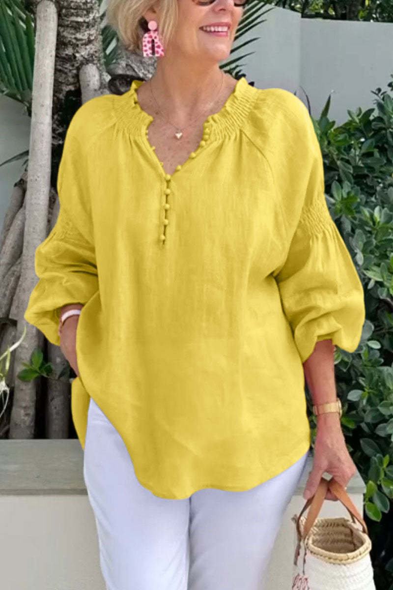 Damen Leichte Bluse mit elastischen Puffärmeln und Knopfleiste EB