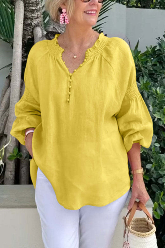 Damen Leichte Bluse mit elastischen Puffärmeln und Knopfleiste EB