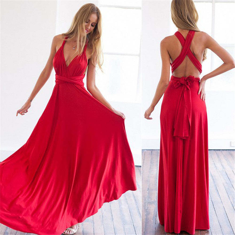 Damen elegantes Rundhals-Maxikleid mit variablen Trägeroptionen und fließendem Schnitt EB