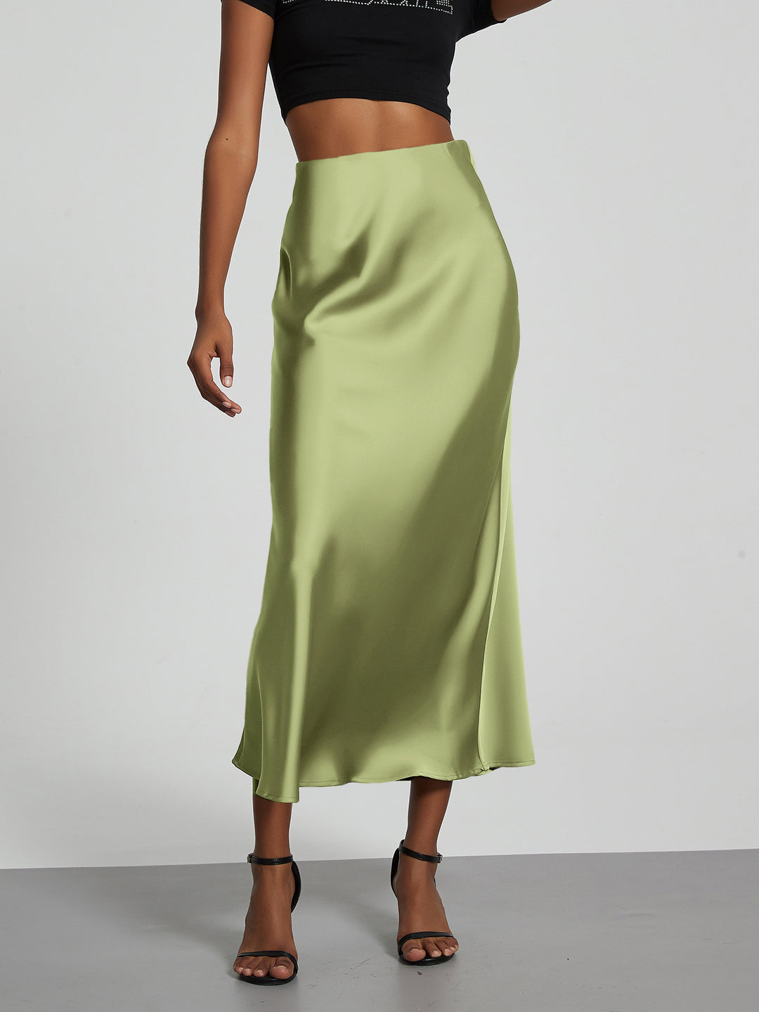 Damen Stilvolle Satin-Stretchrock mit hohem Bund und fließendem Schnitt EB