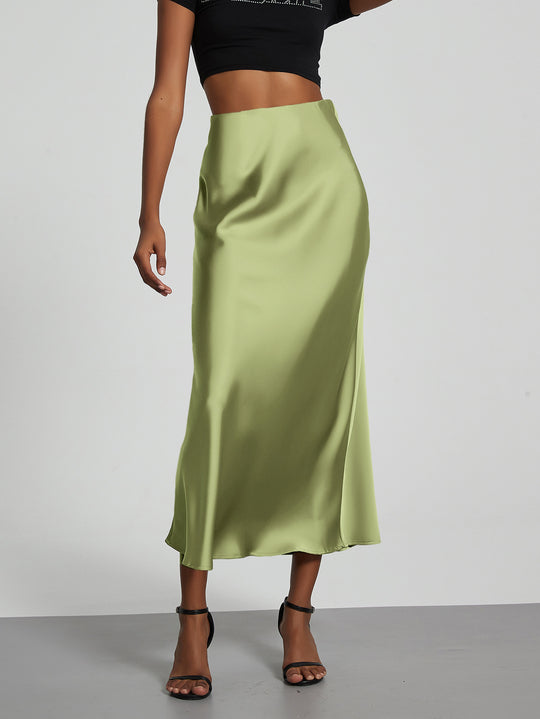Damen Stilvolle Satin-Stretchrock mit hohem Bund und fließendem Schnitt EB