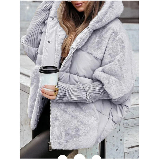 Damen nan gesteppte Kurzjacke mit Teddyfell-Einsätzen, Kapuze und integrierten Rippbündchen EB