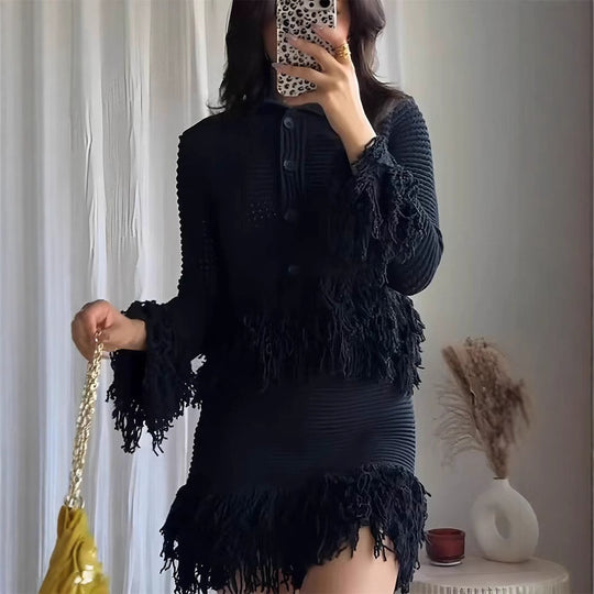 Damen kurzer Strickrock mit Fransen EB