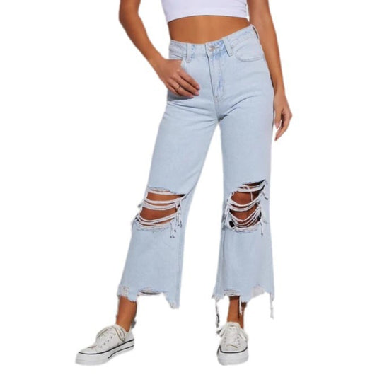 Damen Mom Jeans mit ausgefranstem Saum und Rippen-Details EB