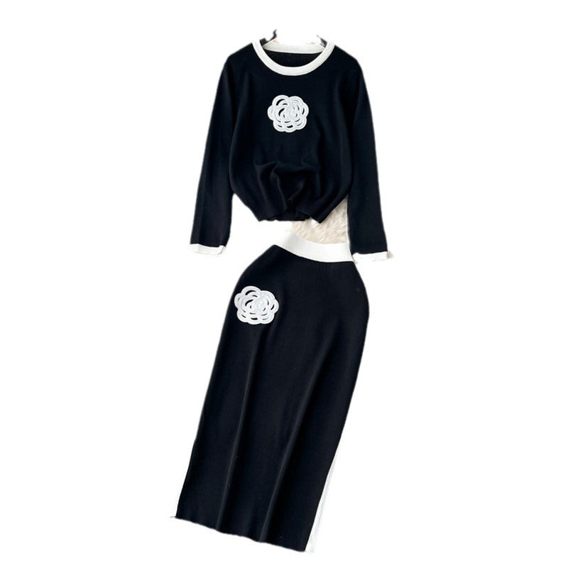 Damen modisches Strickensemble mit applizierten Blumen EB