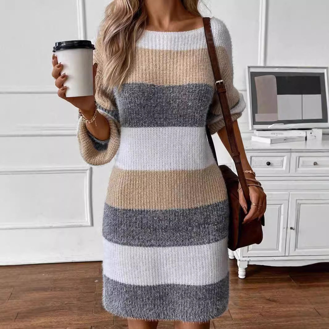 Damen gestreiftes Strickkleid mit weitem Schnitt EB