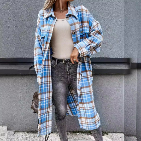 Damen lässige Karo-Hemdjacke mit asymmetrischem Schnitt und Taschen EB