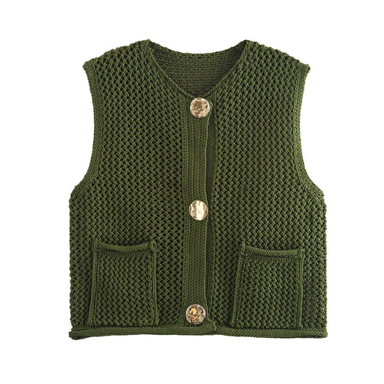 Damen Strickweste mit Taschen und dekorativen Knopfdetails EB
