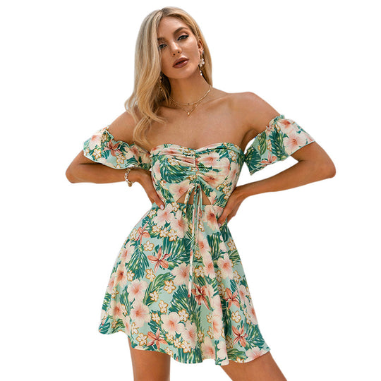 Damen Off-Shoulder Minikleid mit floralen Mustern und Rüschendetails EB