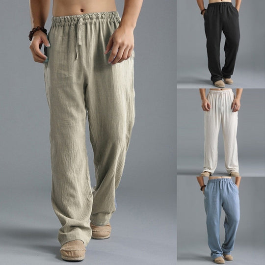 Herren nan lässige Leinenhose mit elastischem Bund, Kordelzug und geradem Bein EB