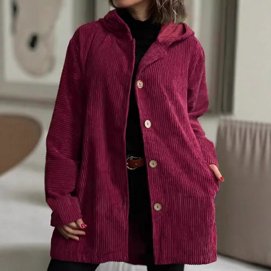 Damen Lässige cordjacke mit Kapuze und großen Knöpfen EB