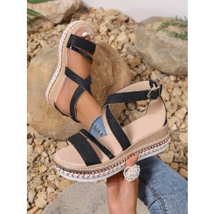 Damen Riemensandalen mit modischer Schmuckverzierung und Plateau-Rand EB