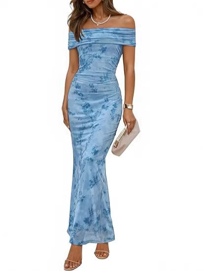 Damen elegantes Off-Shoulder Maxikleid mit floralem Muster und elastischem Einsatz EB